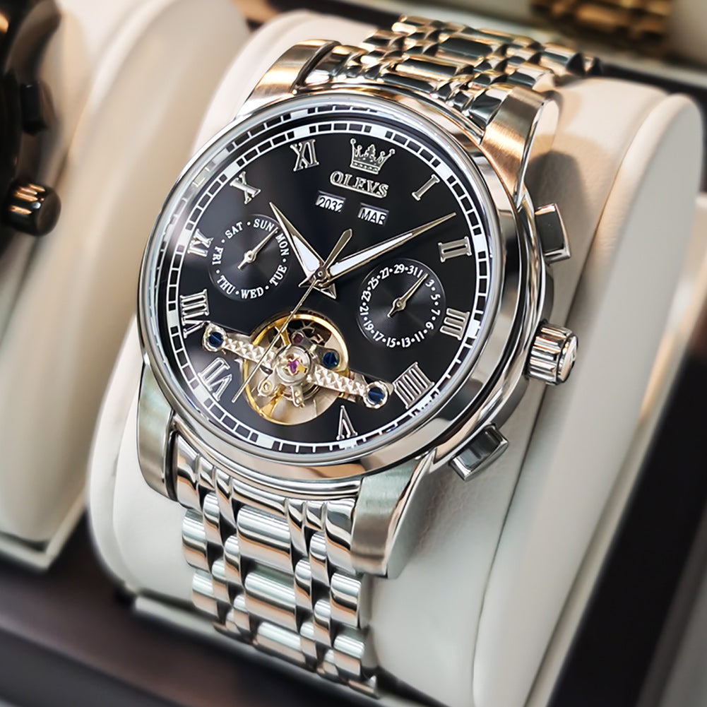 OLVES Automatic Mechanical Business Watch with Calendar. Stainless Steel. and Waterproof Design