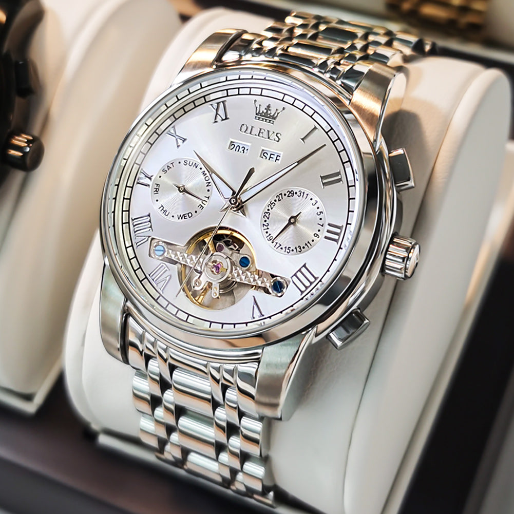 OLVES Automatic Mechanical Business Watch with Calendar. Stainless Steel. and Waterproof Design