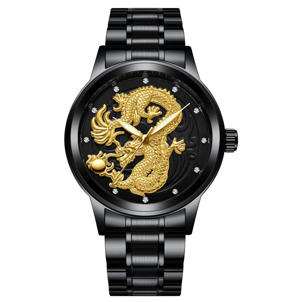 IL - Golden Stainless Steel Casual Watch Dragon Design. Waterproof. Luminous