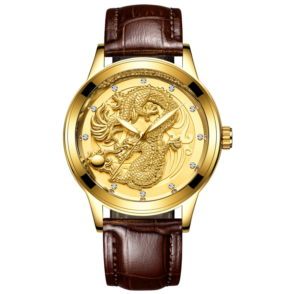 IL - Golden Stainless Steel Casual Watch Dragon Design. Waterproof. Luminous